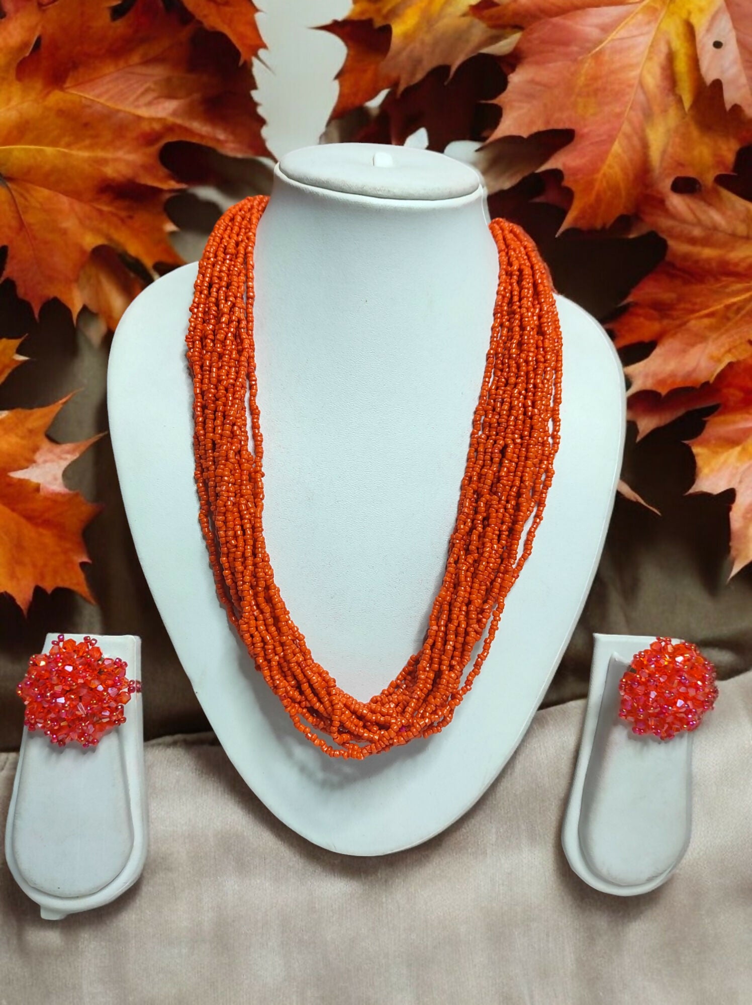 Inhanns Vibrant Handmade 20 Layers Beaded Necklace With Matching Earrings - Orange - Distacart