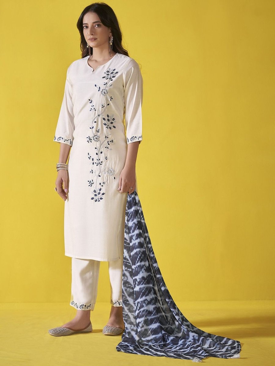 Anouk Off White Floral Embroidered Chanderi Silk Straight Kurta With Trousers & Dupatta - Distacart