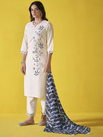 Thumbnail for Anouk Off White Floral Embroidered Chanderi Silk Straight Kurta With Trousers & Dupatta