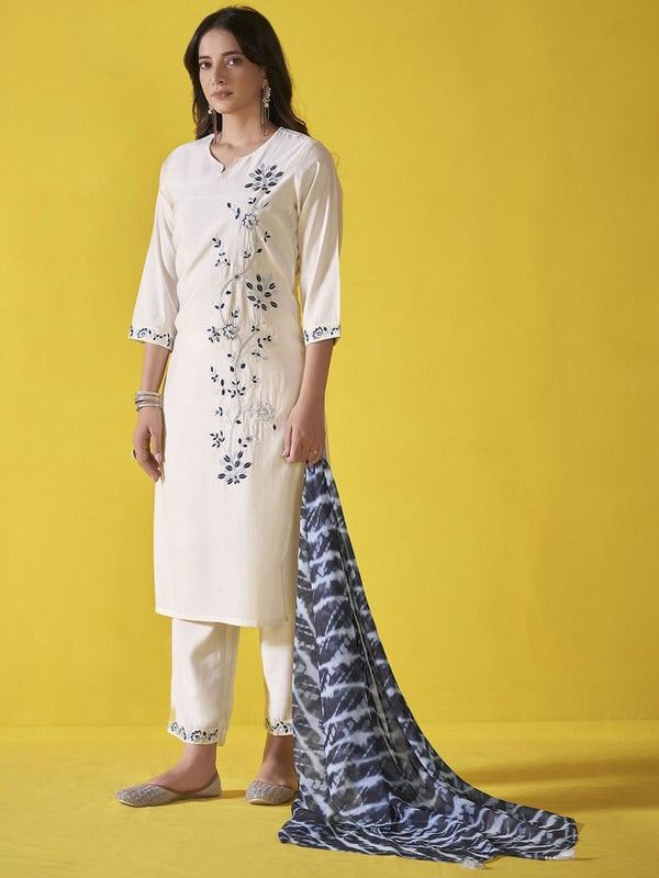 Anouk Off White Floral Embroidered Chanderi Silk Straight Kurta With Trousers & Dupatta