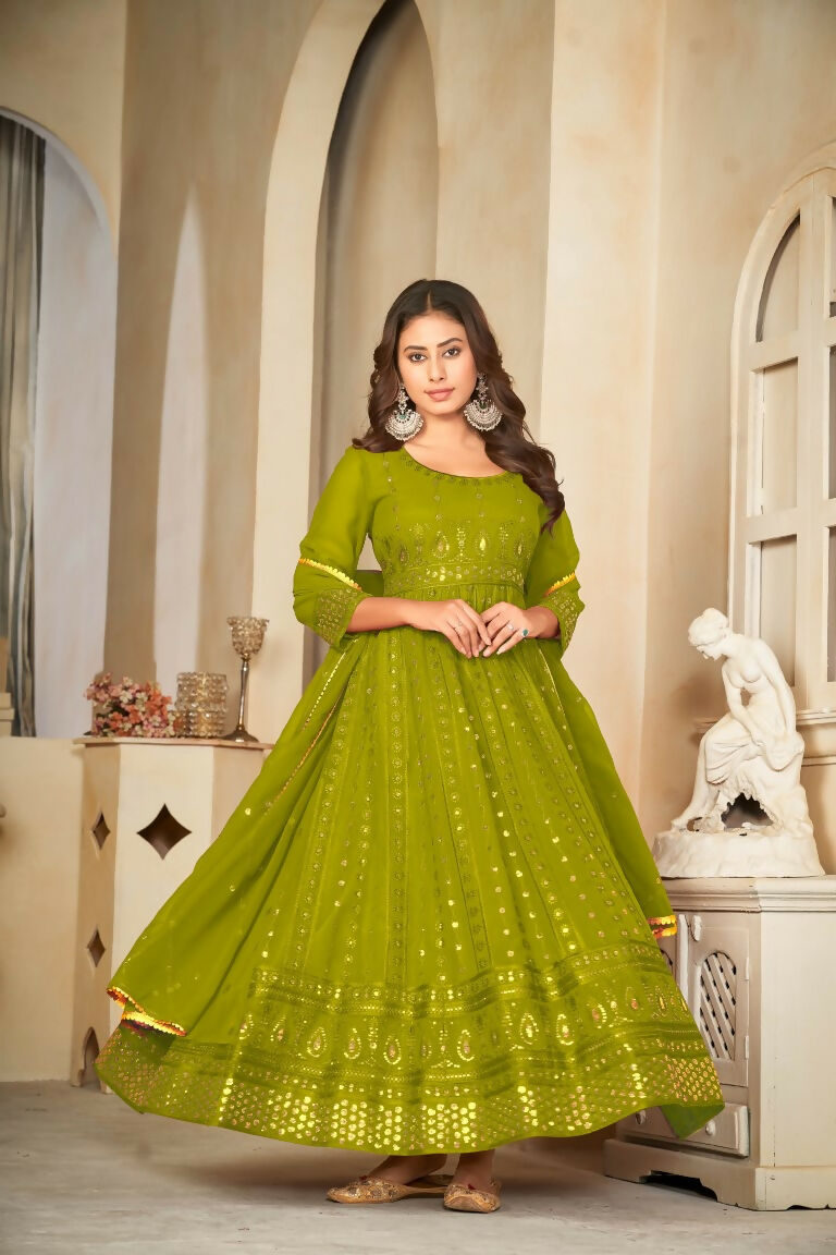 Jyoti Fashion Women's Mehendi Georgette Embroidered Anarkali Kurta Pant Set With Dupatta - Distacart