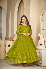 Thumbnail for Jyoti Fashion Women's Mehendi Georgette Embroidered Anarkali Kurta Pant Set With Dupatta - Distacart
