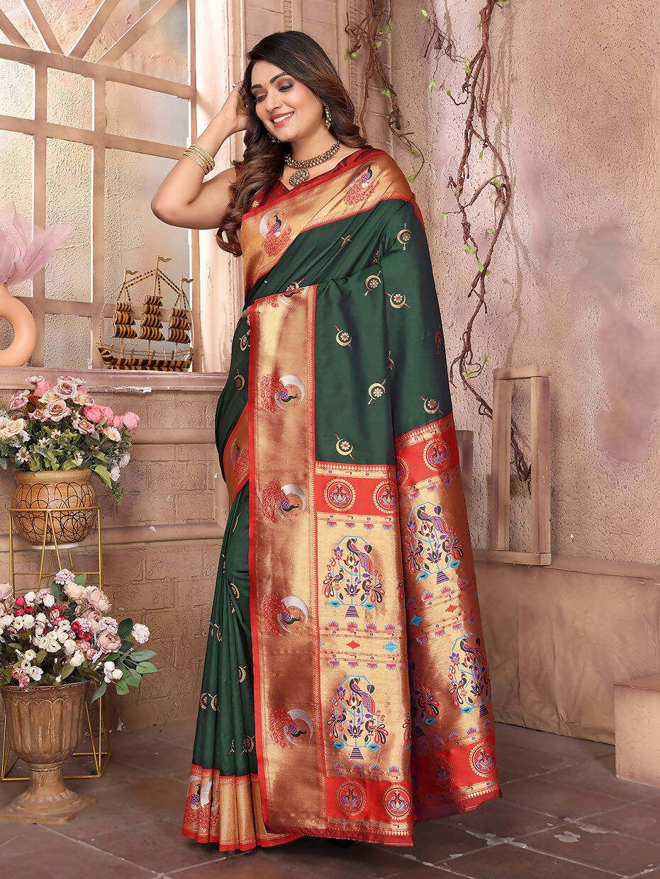 Joban Fashion Paithani Dark Green Woven Soft Silk Saree