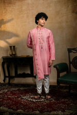 Thumbnail for Falling Raw Silk Pink Gulab Pakshi Kurta Set By Hilo Design