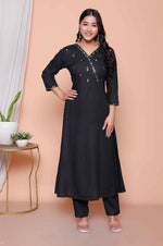 Thumbnail for Miravan Womens Black Mirror Work Angrakha Kurta And Palazzo Set - Distacart