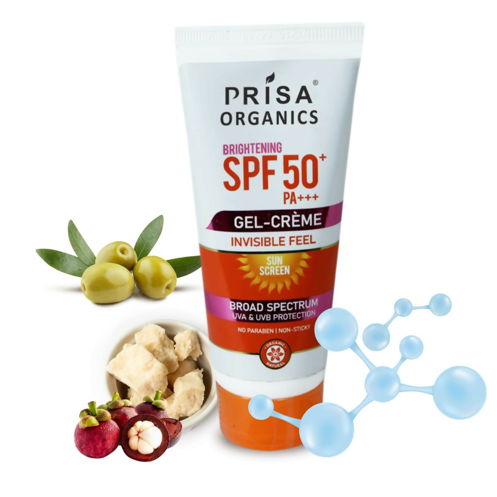 Prisa Organics Brightening Sun Screen SPF 50 PA+++ Invisible Feel Gel Cream - Distacart