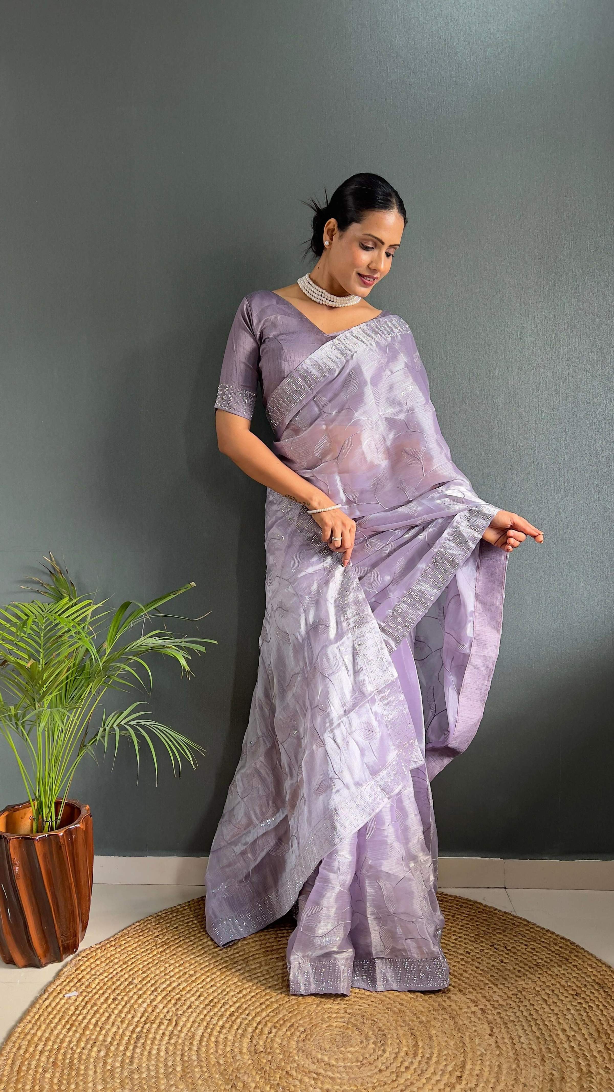 Preksha Creation Women Ready To Wear Saree Premium Burberry Silk Embellished With Beautiful Thread Work - Lavender - Distacart