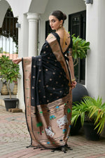 Thumbnail for Vishnu Weaves Women's Black Paithani Silk Zari Woven Saree with Blouse