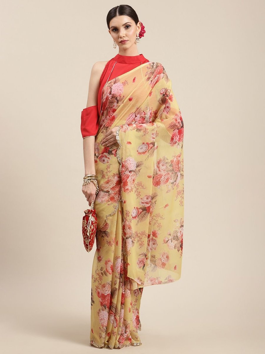 Ahalyaa Women's Yellow Chiffon Digital Print Floral Saree - Distacart