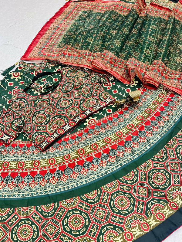Preksha Creation Indian Navratri Special Cotton Women Lehenga Choli With print work and lucknowi print dupatta - Green - Distacart