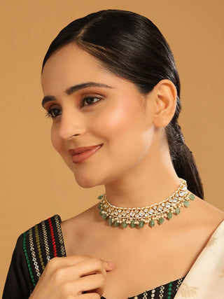 Nuyug 22K Gold Plated Royal Kundan Necklace with Green Stones