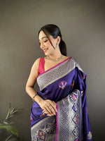 Thumbnail for Joban Fashion Royal Blue Elephant & Floral Motifs Soft Lichi Silk Banarasi Saree - Distacart