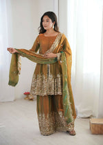 Thumbnail for Teeya Creation Olive Color Fendy Satin Silk Embroidery Work Party Wear Salwar Suit - Distacart