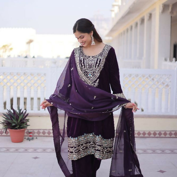 Joban Fashion Wine Kurta Set Velvet Sequins , Zari, Coding & Thread Embroidered work - Distacart