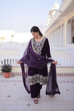 Thumbnail for Joban Fashion Wine Kurta Set Velvet Sequins , Zari, Coding & Thread Embroidered work - Distacart