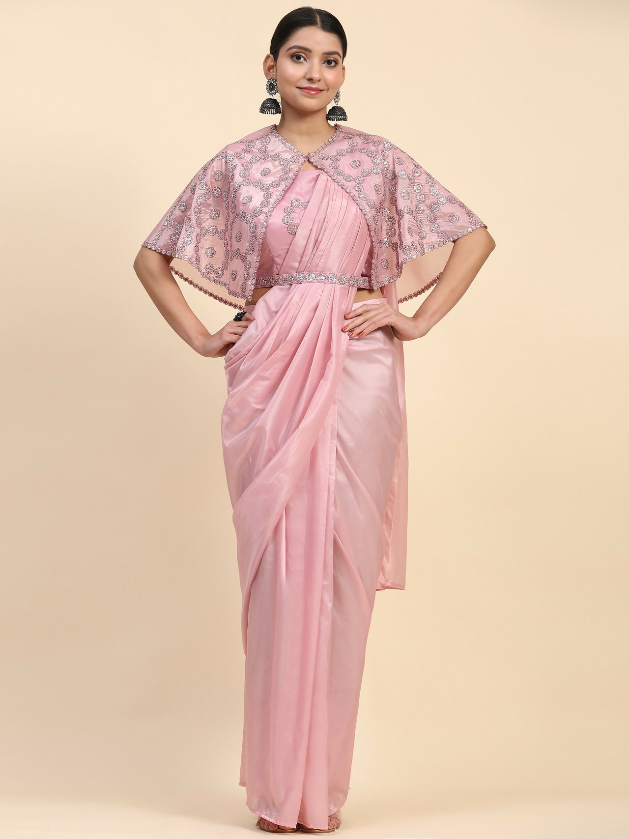 Pink Satin Solid Ready to wear Saree with stitched Blouse - Vanita - Distacart