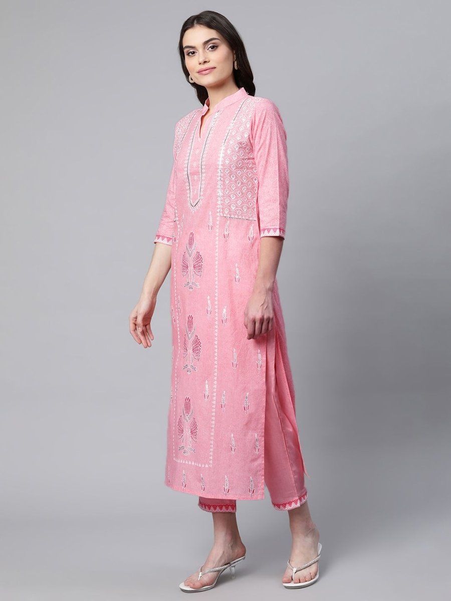 Ahalyaa Women Light Pink Colour Pure Cotton Printed Kurta Pant Set With Dupatta - Distacart