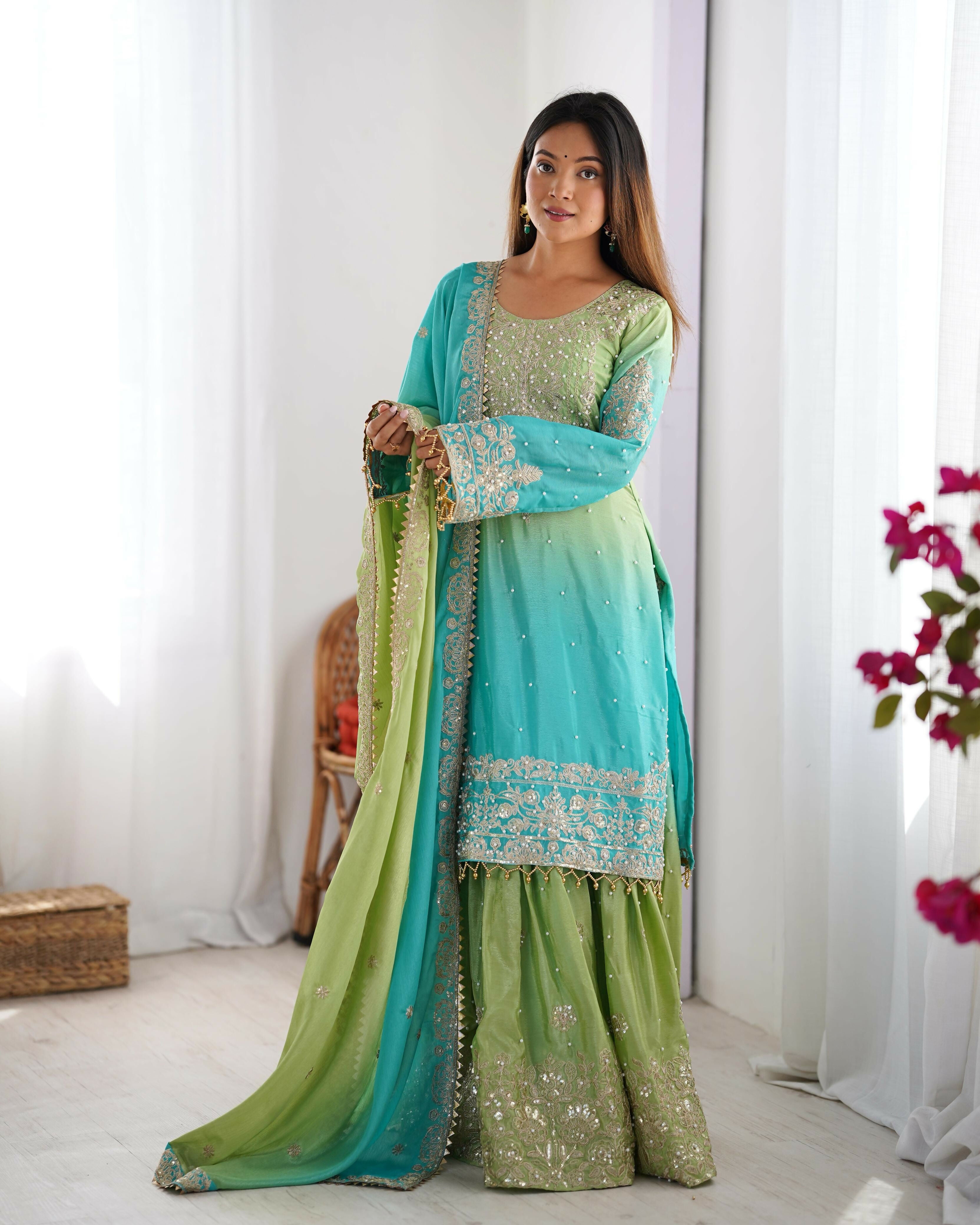 Joban Fashion Light green & Blue Palazzo Chinon silk Coding Dori with Sequence with Rivet Moti