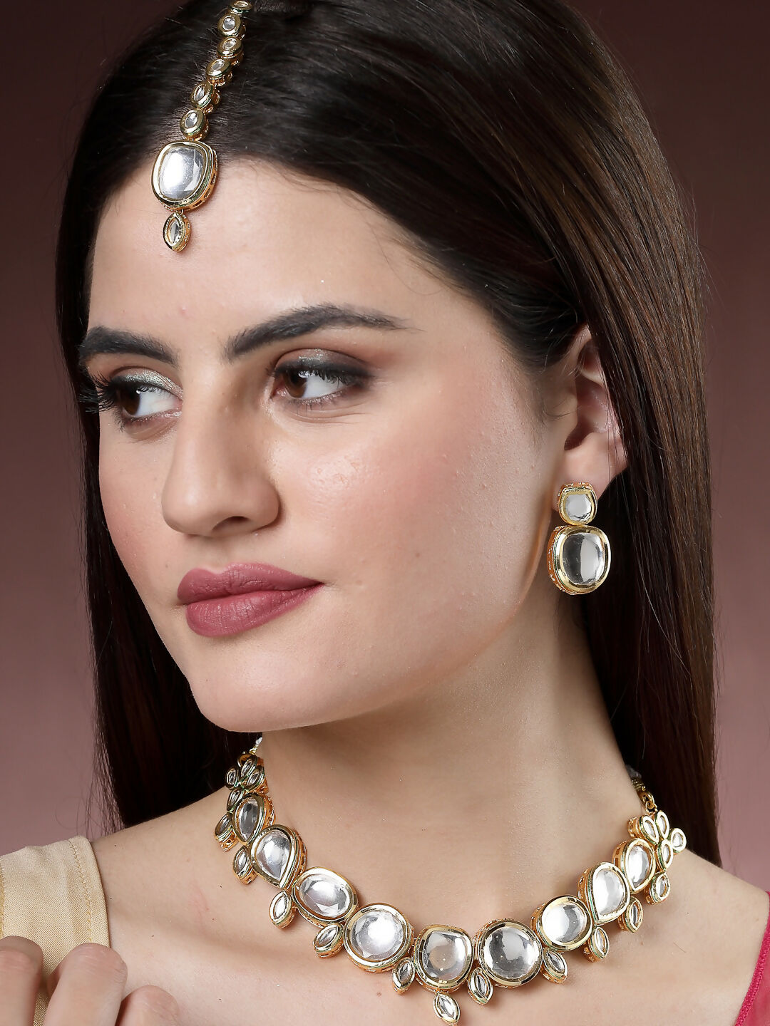 NVR Women's Gold Kundan-Studded Necklace and Earrings with Mang Tikka - Distacart