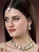 Thumbnail for NVR Women's Gold Kundan-Studded Necklace and Earrings with Mang Tikka - Distacart
