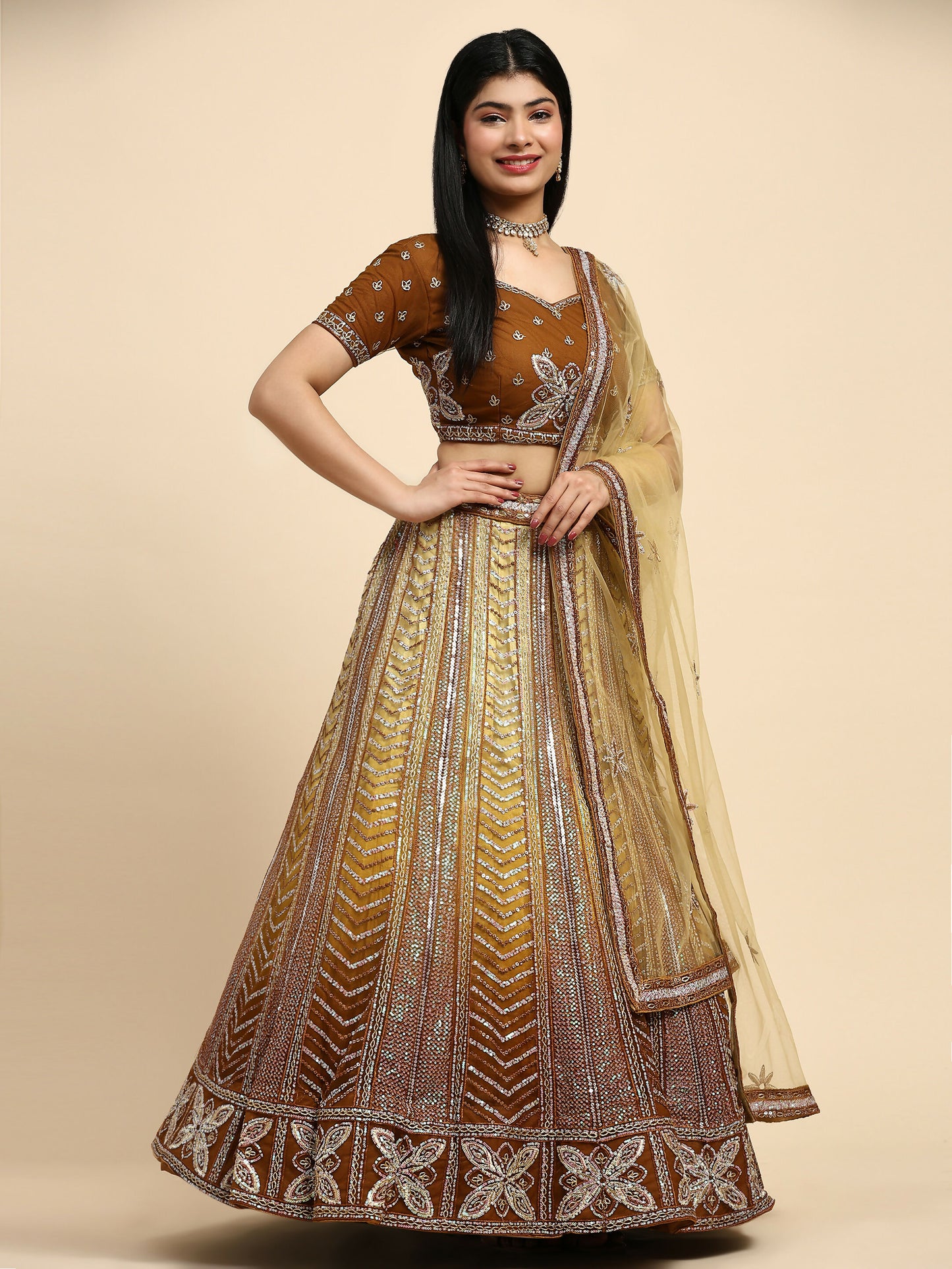 Brown Fancy Net Sequence Embroidered Lehenga Choli with Dupatta - Dhara - Distacart