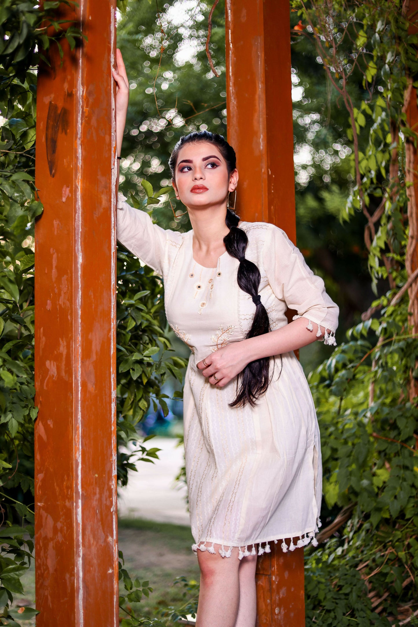 Aayaa Designer Multi Thread Hand Work Khadi Cotton One Piece Dress - Off White - Distacart