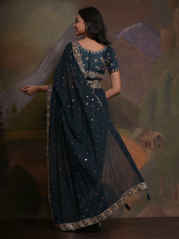 NOZ2TOZ Women's Georgette Teal blue Embellished Designer Saree With Blouse Piece - Distacart