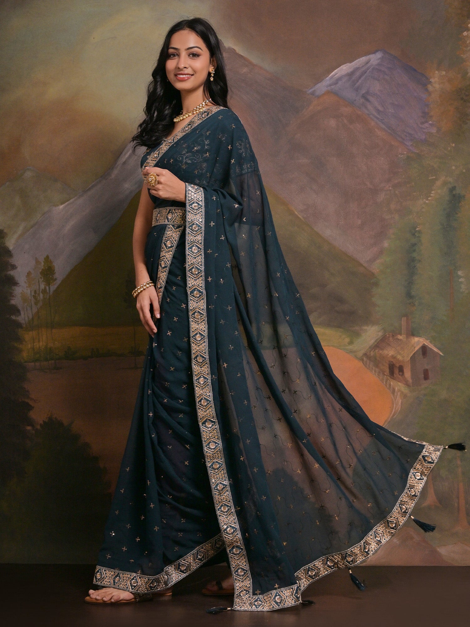 NOZ2TOZ Women's Georgette Teal blue Embellished Designer Saree With Blouse Piece - Distacart
