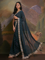 Thumbnail for NOZ2TOZ Women's Georgette Teal blue Embellished Designer Saree With Blouse Piece - Distacart