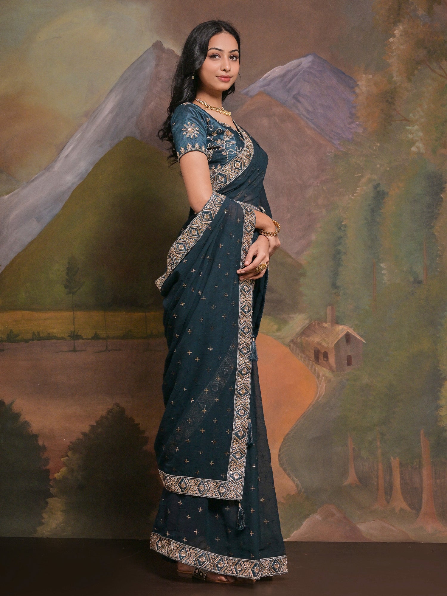 NOZ2TOZ Women's Georgette Teal blue Embellished Designer Saree With Blouse Piece - Distacart
