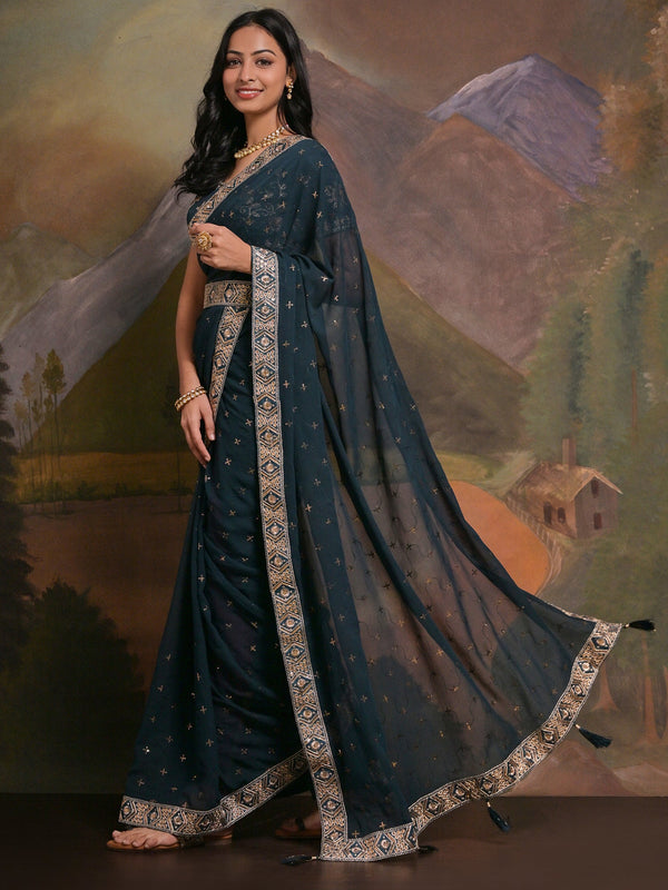 NOZ2TOZ Women's Georgette Teal blue Embellished Designer Saree With Blouse Piece - Distacart