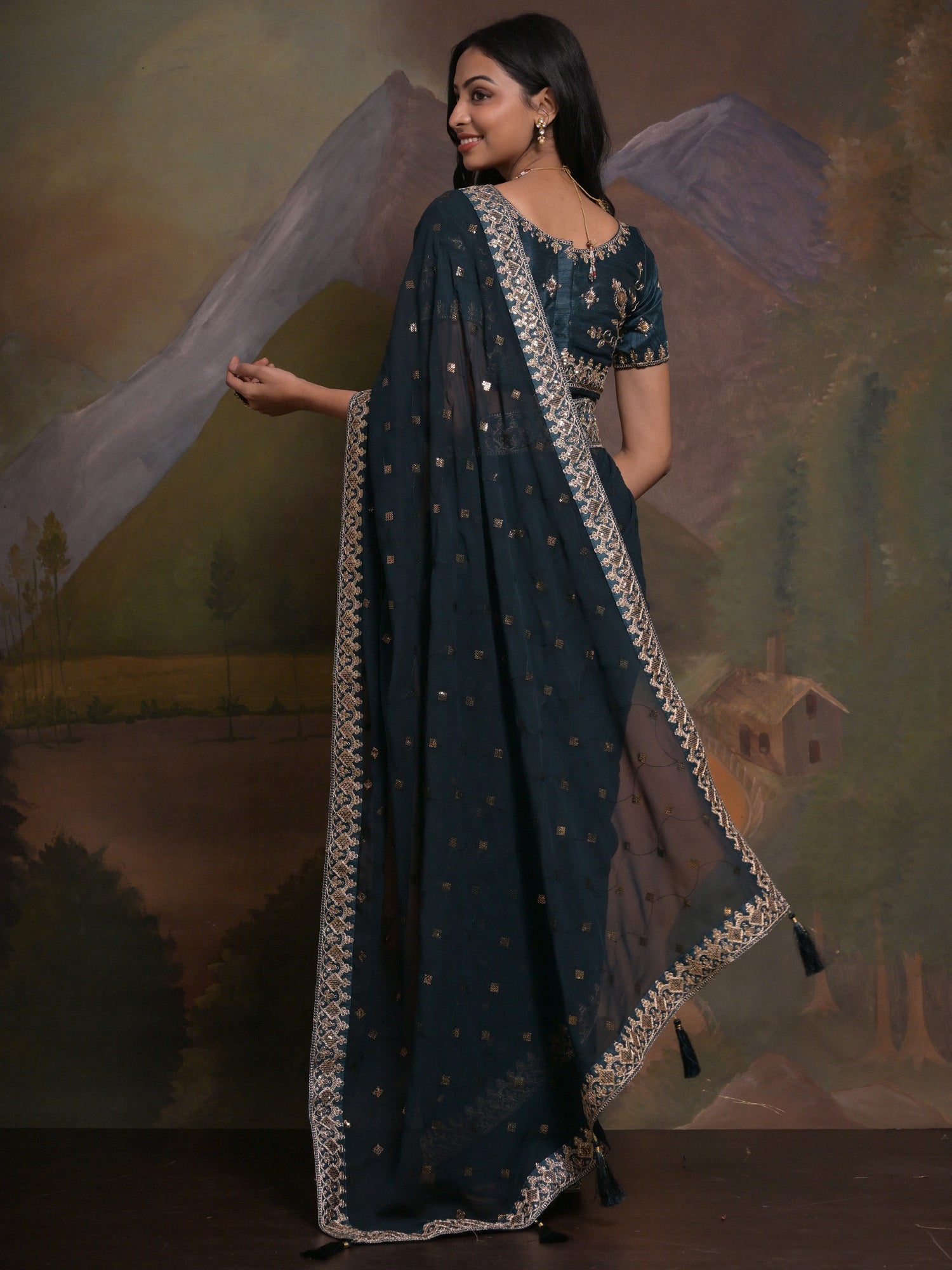 NOZ2TOZ Women's Georgette Teal blue Embellished Designer Saree With Blouse Piece - Distacart