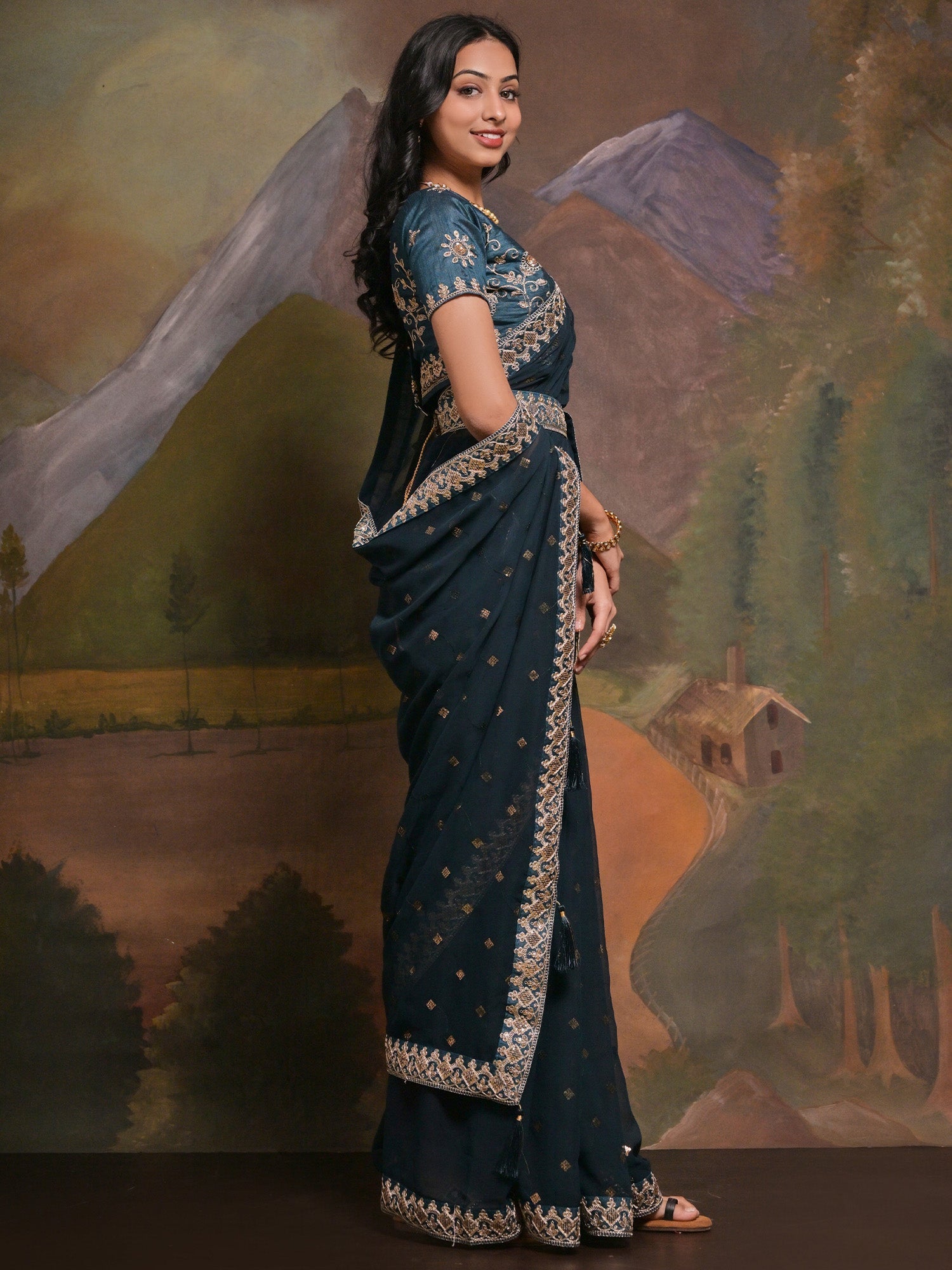 NOZ2TOZ Women's Georgette Teal blue Embellished Designer Saree With Blouse Piece - Distacart