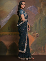 Thumbnail for NOZ2TOZ Women's Georgette Teal blue Embellished Designer Saree With Blouse Piece - Distacart