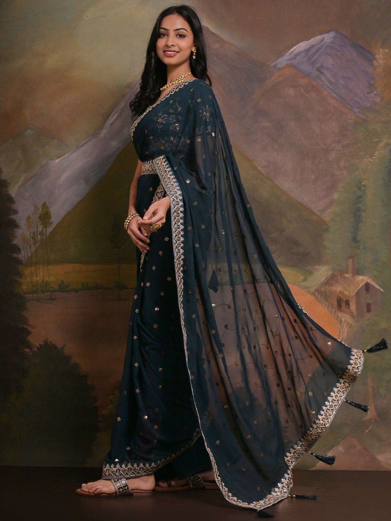 NOZ2TOZ Women's Georgette Teal blue Embellished Designer Saree With Blouse Piece - Distacart