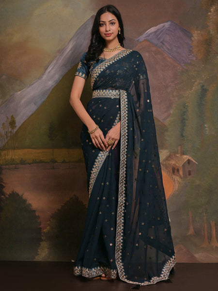 NOZ2TOZ Women's Georgette Teal blue Embellished Designer Saree With Blouse Piece - Distacart