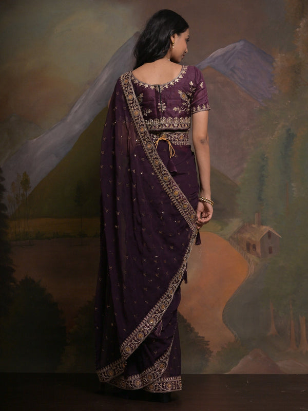 NOZ2TOZ Women's Georgette Purple Embellished Designer Saree With Blouse Piece - Distacart