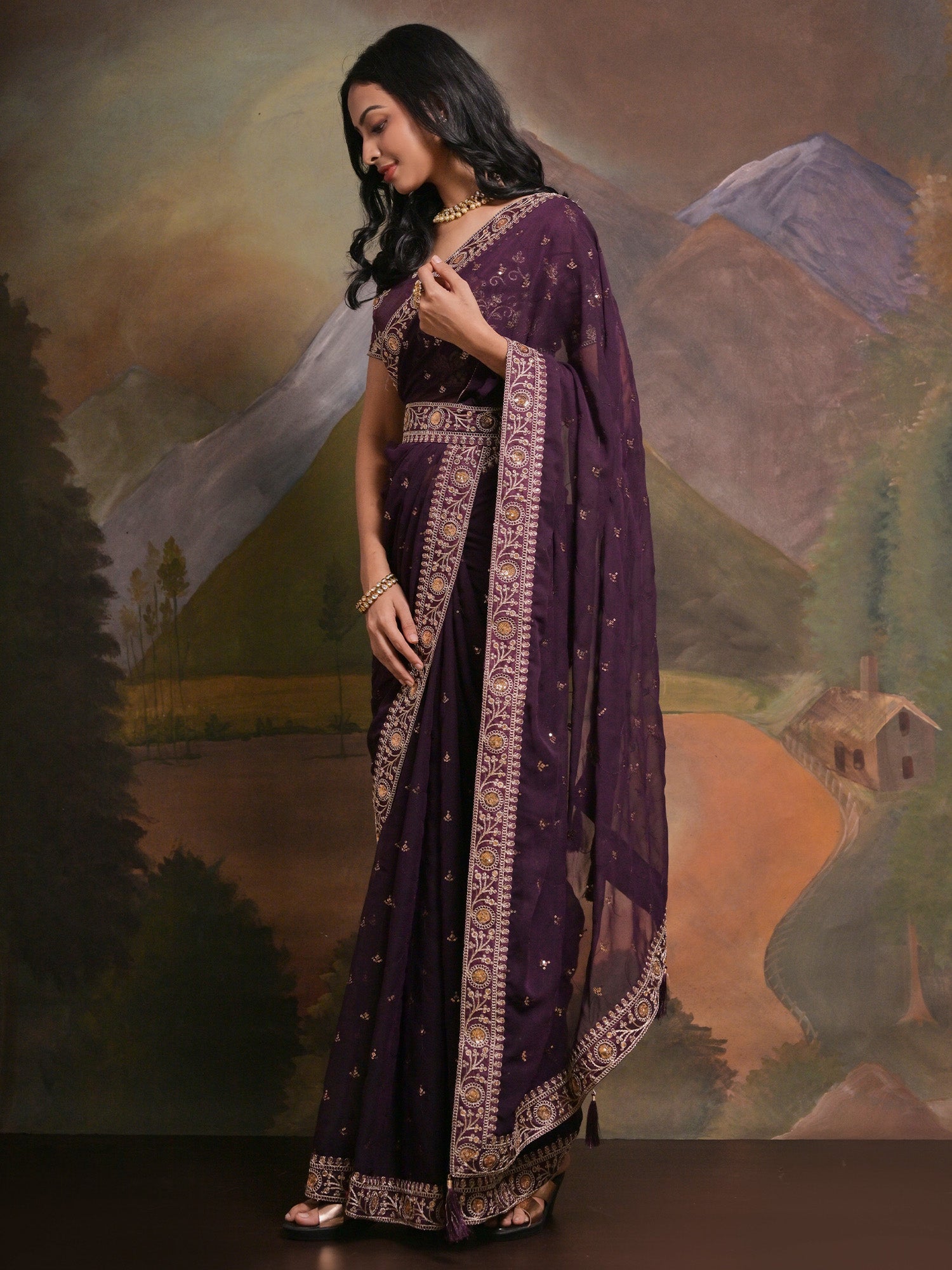 NOZ2TOZ Women's Georgette Purple Embellished Designer Saree With Blouse Piece - Distacart