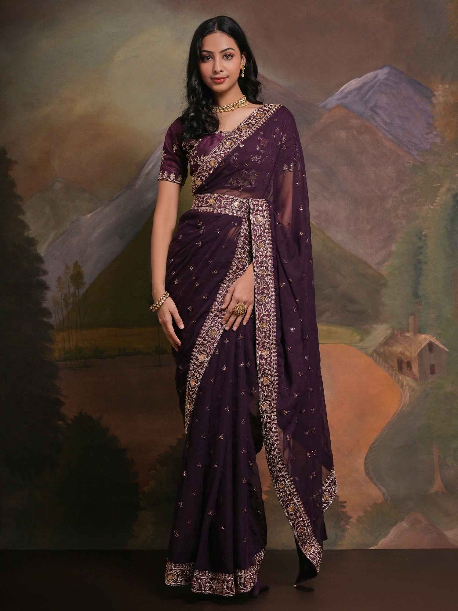 NOZ2TOZ Women's Georgette Purple Embellished Designer Saree With Blouse Piece - Distacart