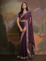 Thumbnail for NOZ2TOZ Women's Georgette Purple Embellished Designer Saree With Blouse Piece - Distacart