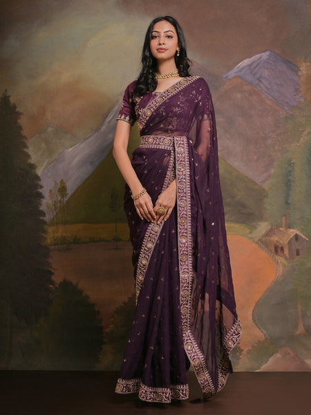 NOZ2TOZ Women's Georgette Purple Embellished Designer Saree With Blouse Piece - Distacart