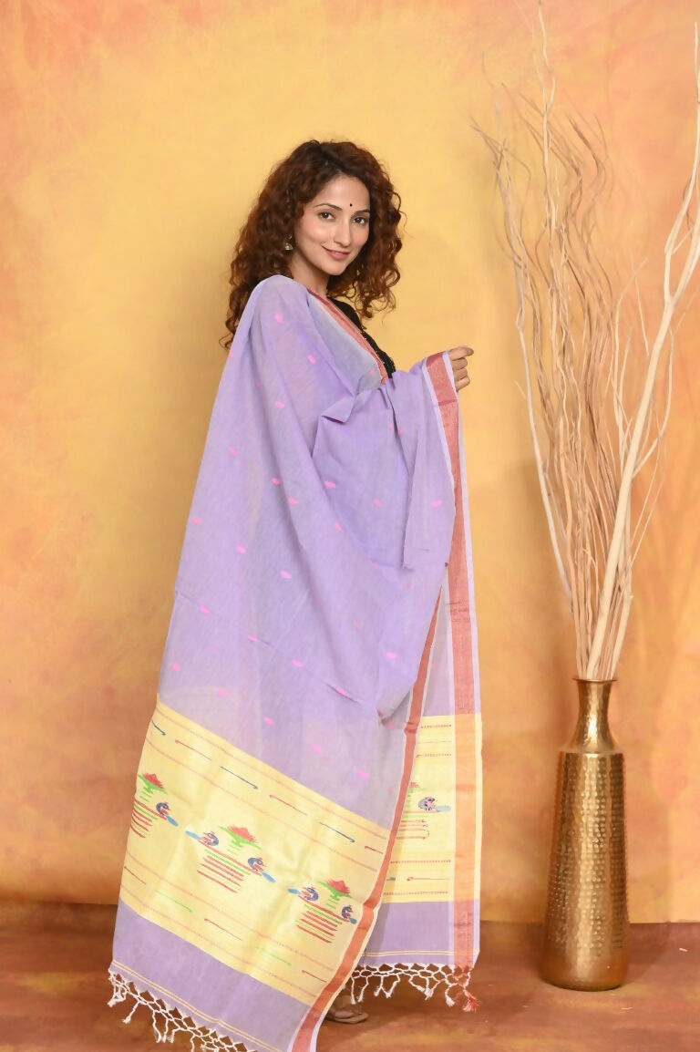 Very Much Indian Handloom Pure Cotton Paithani Dupatta - Lavender - Distacart