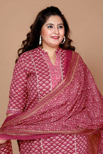 Thumbnail for Miravan Women Plus Size Pink Straight Floral Printed Kurta & Palazzo With Dupatta - Distacart