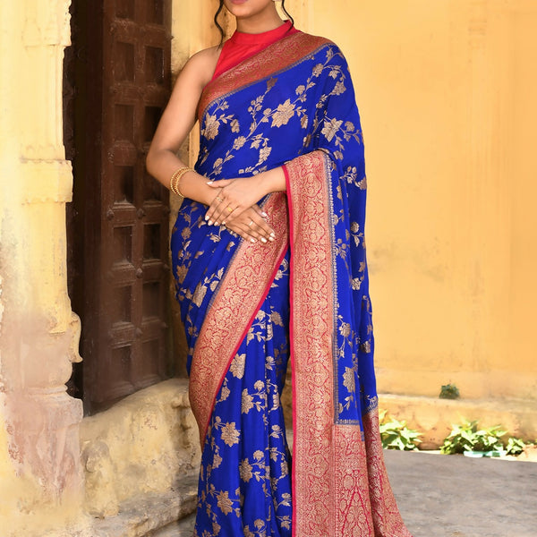 Joban Fashion Ink Blue Crepe Chiffon Pure Handloom Banarasi Silk Saree