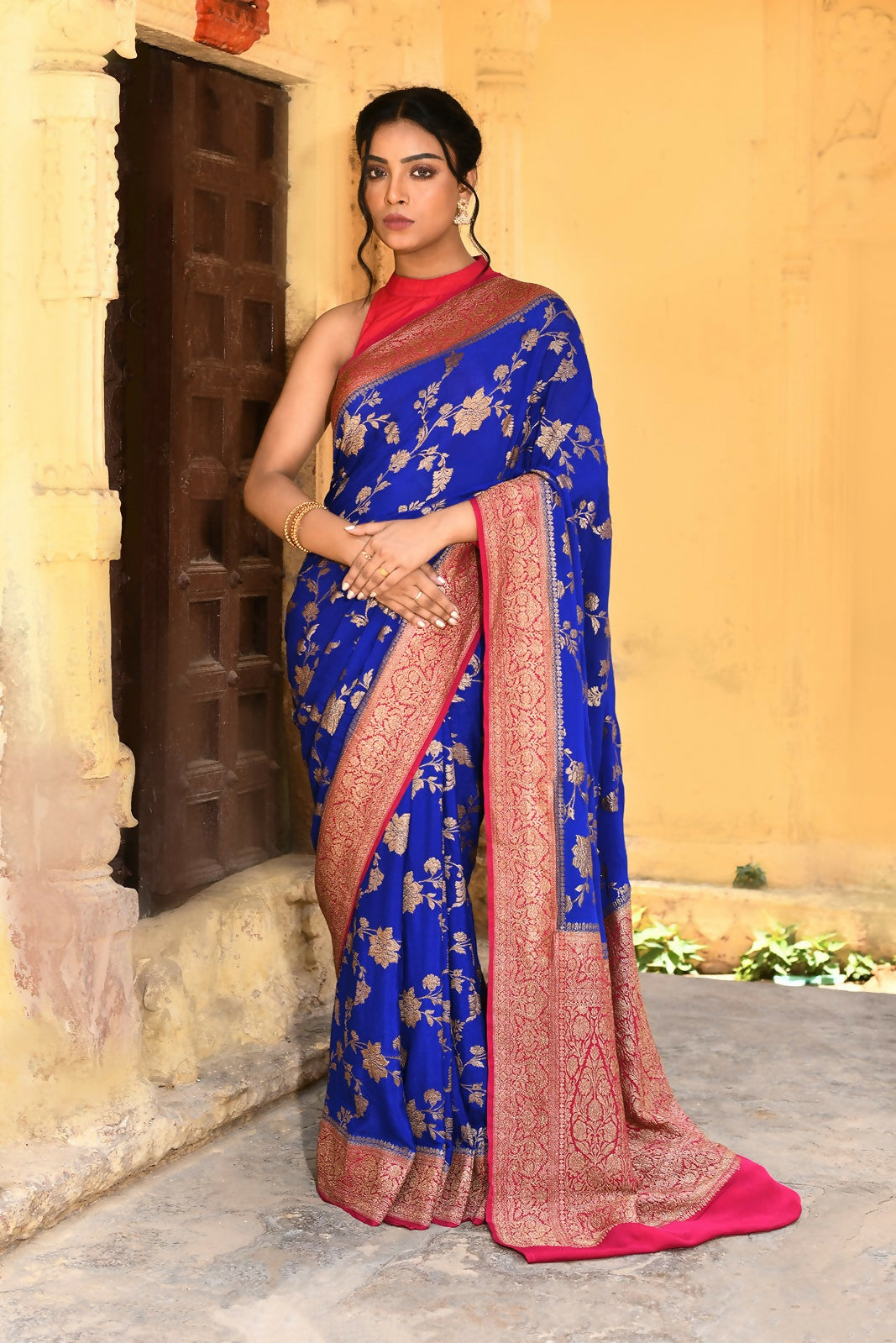 Joban Fashion Ink Blue Crepe Chiffon Pure Handloom Banarasi Silk Saree - Dista