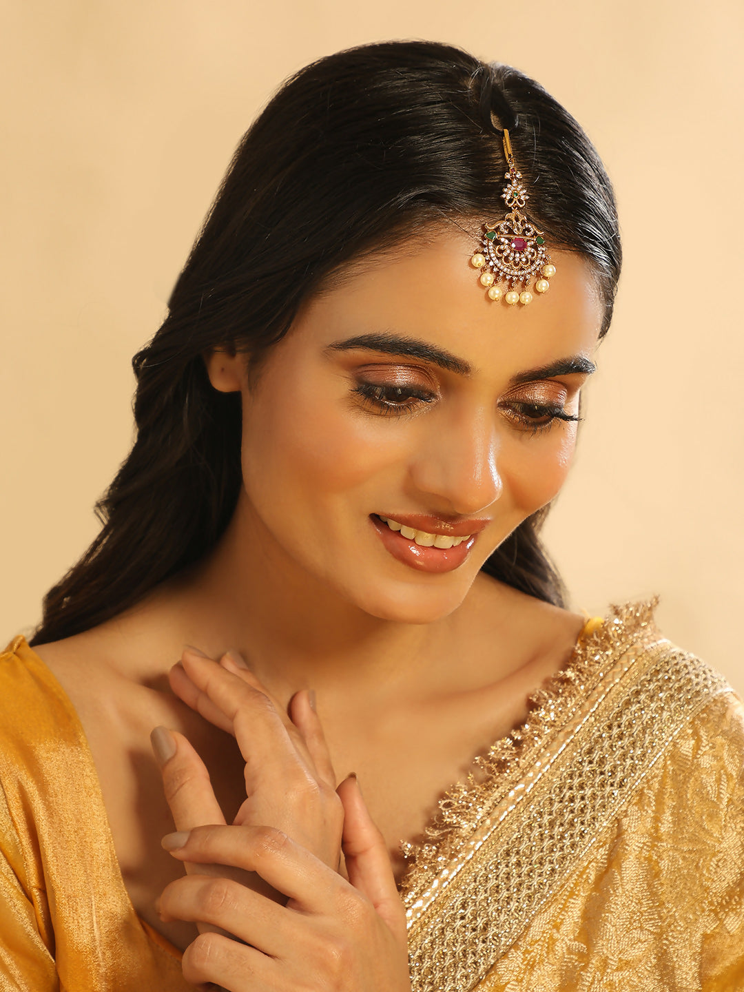 Nuyug 18K Gold Plated Ethereal Gulabi Stone Maang Tikka