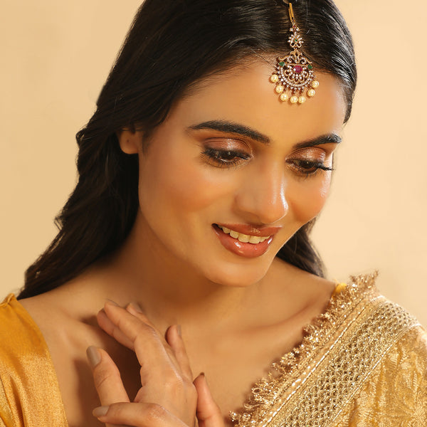 Nuyug 18K Gold Plated Ethereal Gulabi Stone Maang Tikka