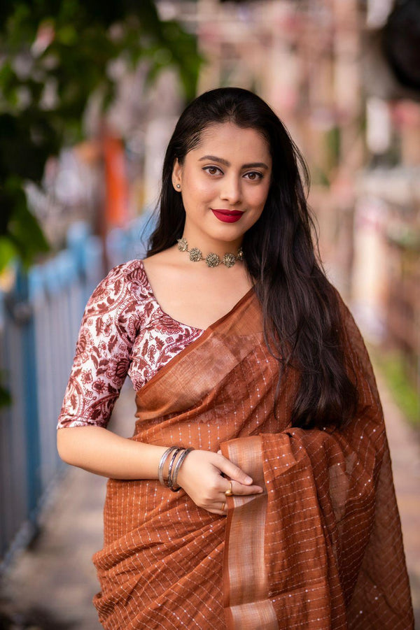 Brown Linen Sequence Saree with Unstitched Blouse - Hiral Fashion - Distacart