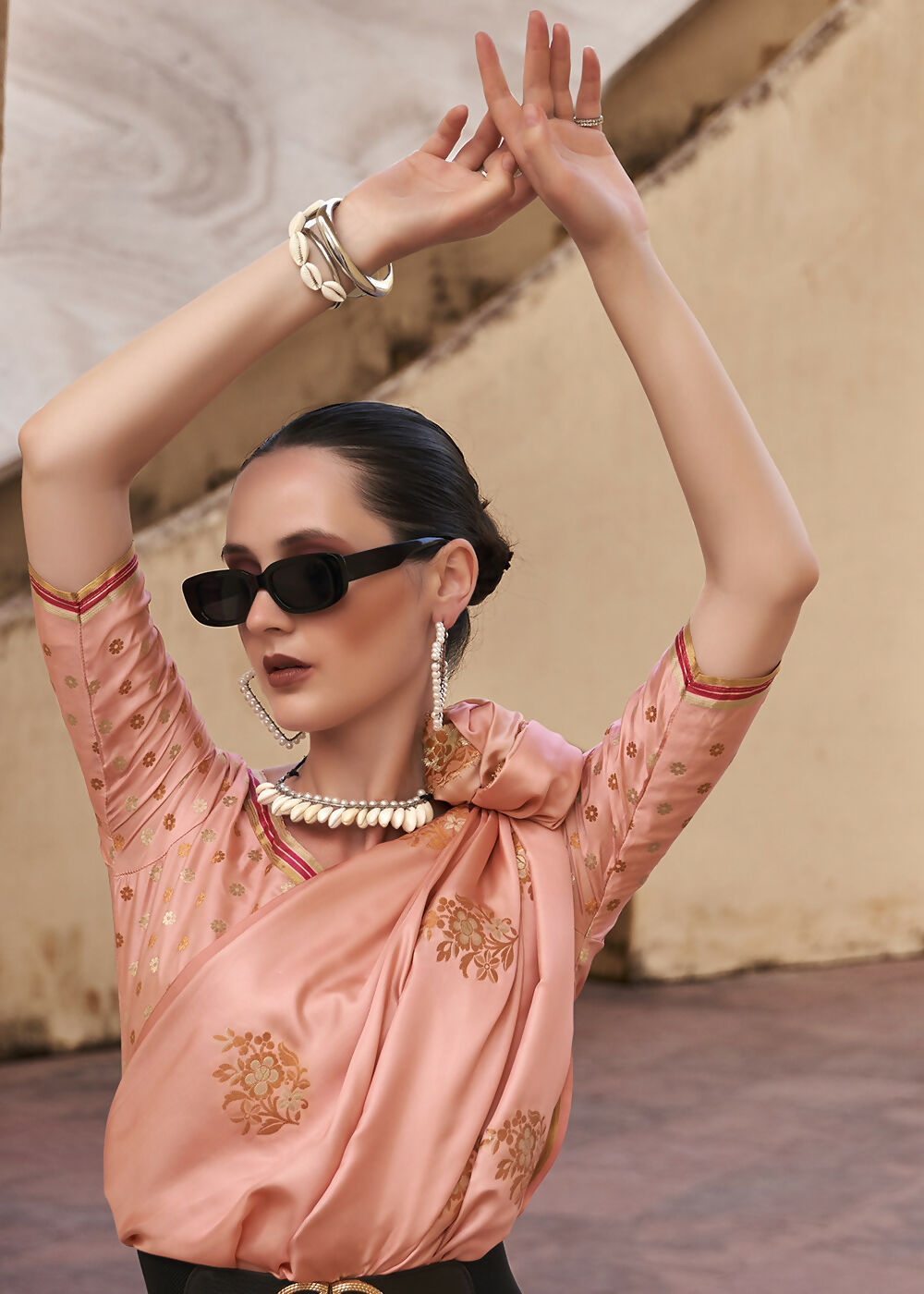 Coral Pink Pure Satin Zari Weaving Wedding Festive Saree - Emponline - Distacart