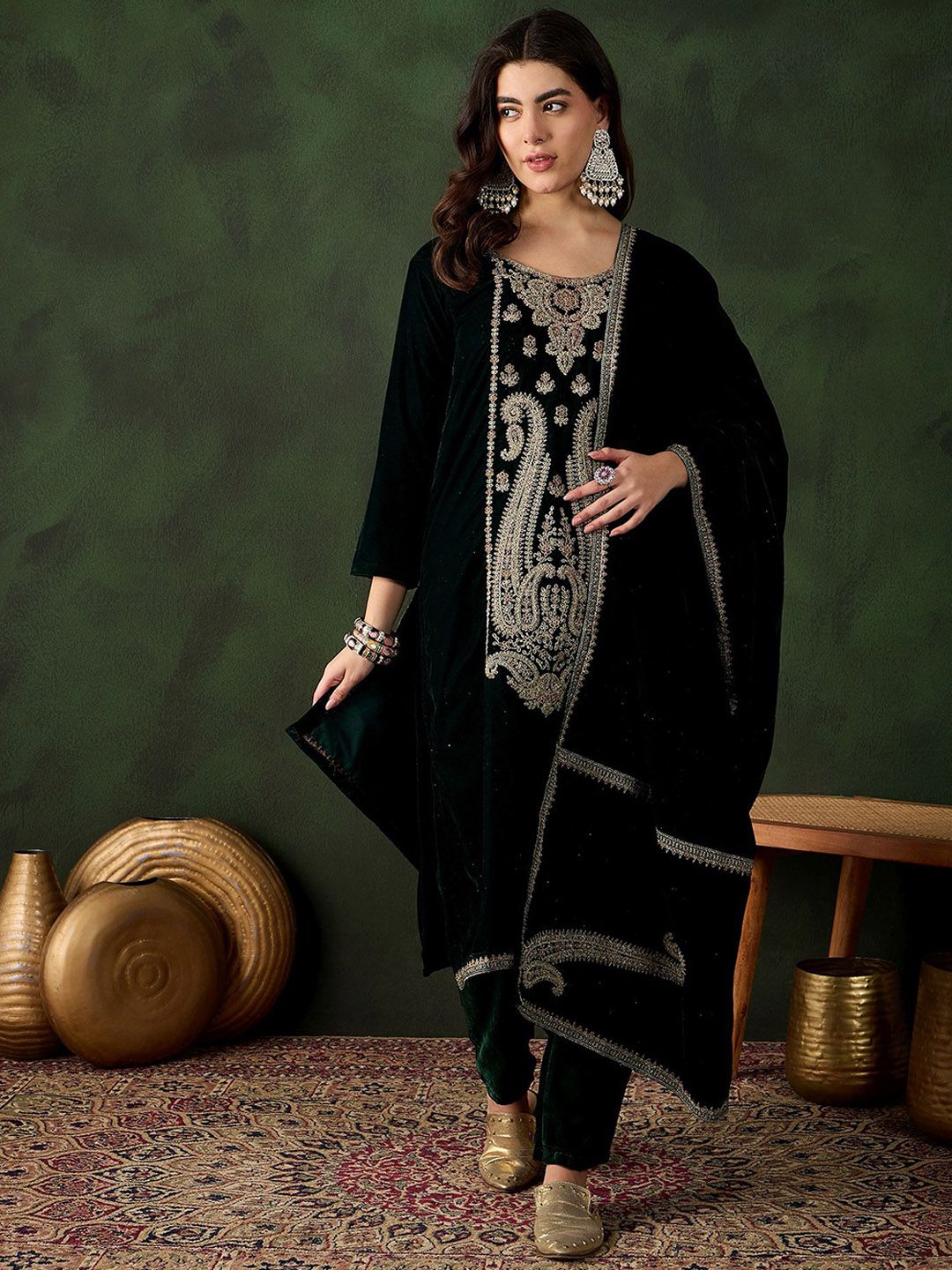 Sangria Floral Embroidered Straight Kurta & Trousers With Dupatta - Distacart